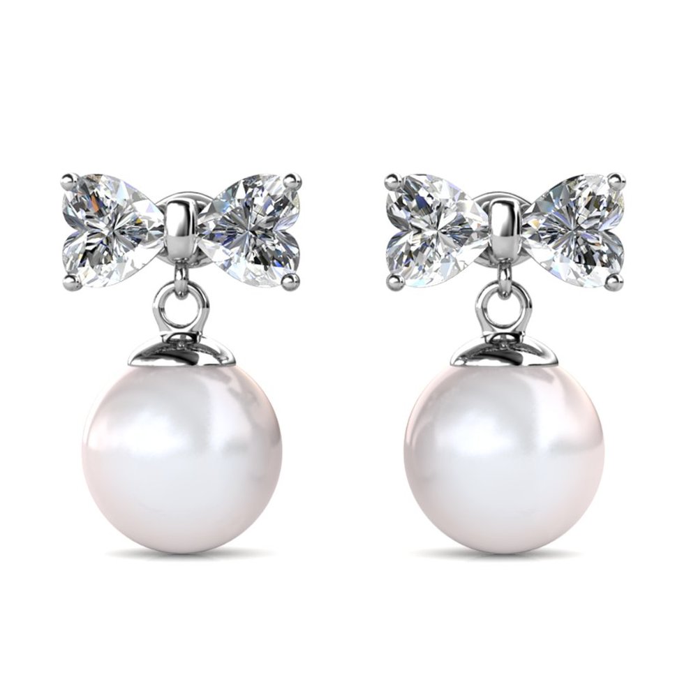 Heart Bow‎ With Pearl Drop Earrings Australian Crystals
